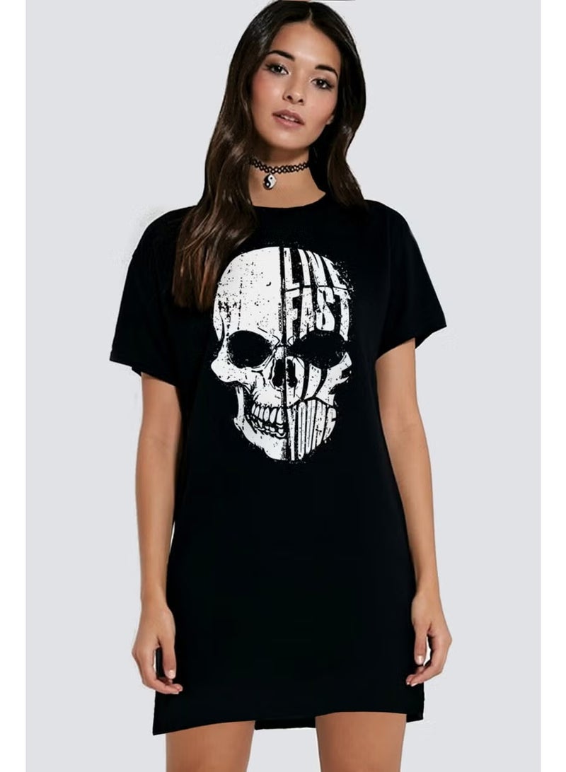 Rock&Roll Live Fast Black Short Sleeve Combed Cotton Women's T-Shirt Dress - Image 1
